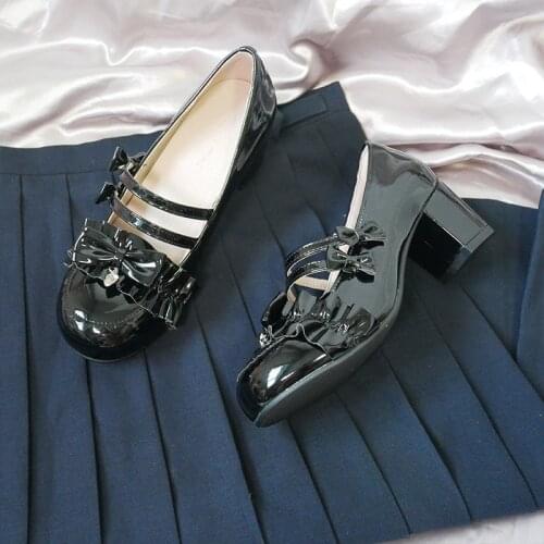 Sweet girl Lolita high heels round toe bow Fairy japanese student Lolita shoes womens chunky heel anime cosplay big size 41 42