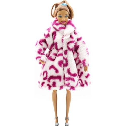 NK Newest 1 Pcs Doll Noble Clothing Rose Red Leopard Wool Coat Top Casual Clothes For Barbie Doll Best Childrens Toy Gift 5X