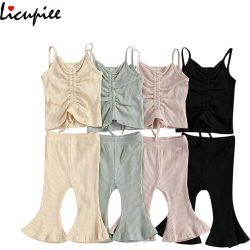1-3 Years Solid Baby Girl Camisole Top + Flared Pants, Drawstring Decoration Simple Style Summer Clothing
