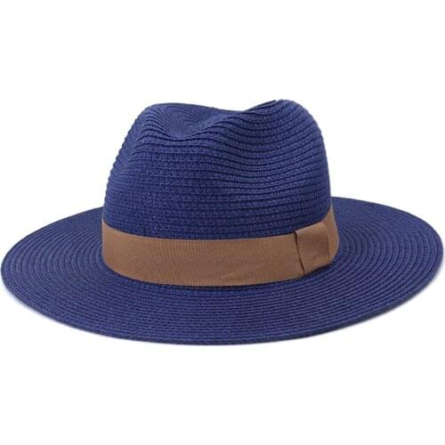 Women Sun Straw Hat Jazz Panama Big Wide Brim Ribbon Belt Solid Summer Fashion Bucket Beach Cotton Unisex Sun Protection Hat