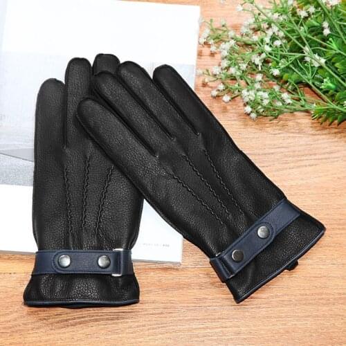 Genuine Leather Gloves Male Handsome Full Outer Seam Deerskin Gloves Plus Velvet Thicken Driving Man Business Gifts DQ9117