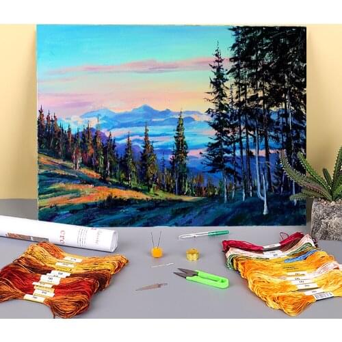 Landscape Morning Fog Printed 11CT Cross-Stitch Embroidery Patterns DMC Threads Handicraft Handiwork Knitting Counted