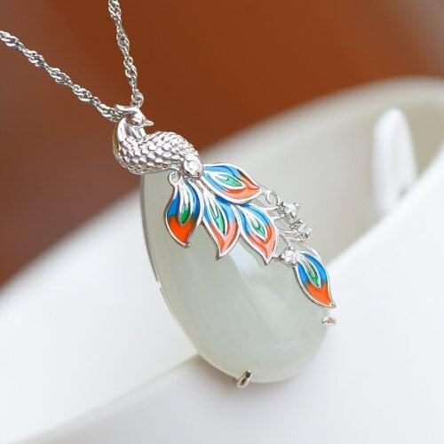 Natural Hetian Jade White Jade Phoenix Water Drop Pendant S925 Sterling Silver Pendant Gilding Chinese Style Court Pendant Ornam