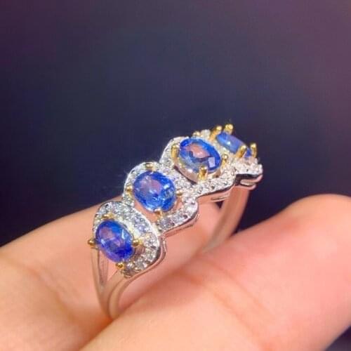 Luxurious Row wide ladder Natural gem stone Ring Natural blue sapphire ring S925 silver womens girl party gift Jewelry