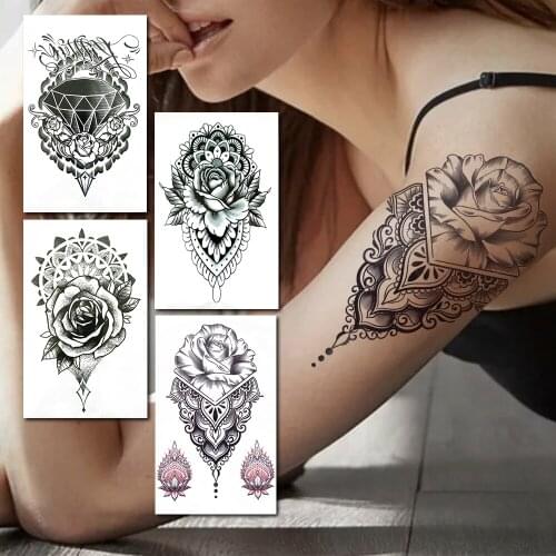 Sexy Lace Fake Temporary Tattoos For Women Geometric Black Henna Flowet Tattoo Sticker Diamond Lotus Waterproof Tatoos Waist Arm