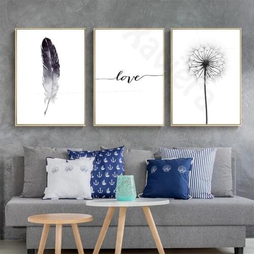 Modern Black & White Decor Painting Dandelion Feather Poster Print Letter Love Canvas Painting Home Decor Living Room Wall Art