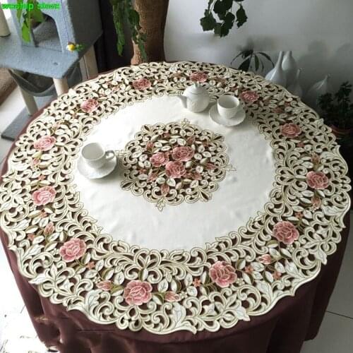 Peach roses High-end luxury embroidery cloth art European The round table cloth 120x120cm The table cloth Dust cloth