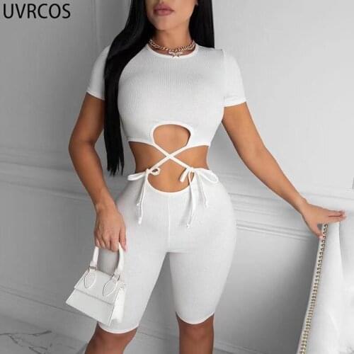 UVRCOS Birthday Outfits For Women Summer Cut Out Short Sleeve Rompers 2021 New Street Style Skinny Activey Elastic Women Clothes