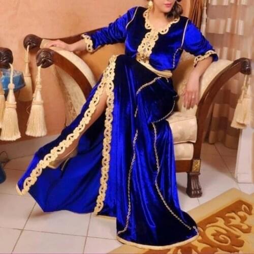 Royal Blue Moroccan Kaftan Caftan Muslim Evening Dresses A-line Half Sleeves Velvet Dubai Arabic Turkey Abaya Islamic Gown
