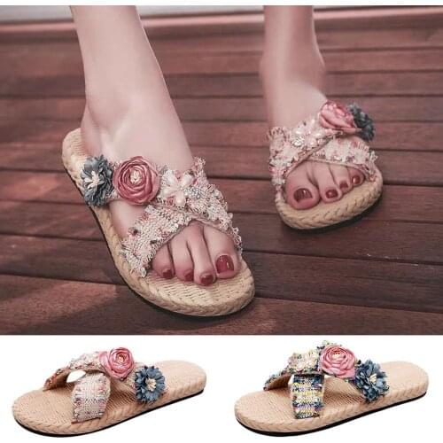 Women Flower Beach Shoes Summer New Non-slip Girls Fashion Beach Shoes Flax Female Flowers Slippers Bohemian Beach Shoes#0706LJC