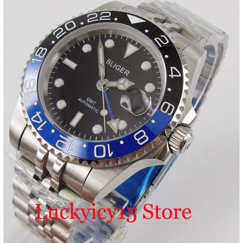 BLIGER Brand Mechancial Automatic Men Watch Sapphire Glass Blue GMT Hand Rotating Bezel Jubilee Band