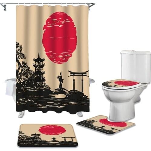 Japanese Style Silhouette Shower Curtain Sets Non-Slip Rugs Toilet Lid Cover and Bath Mat Waterproof Bathroom Curtains