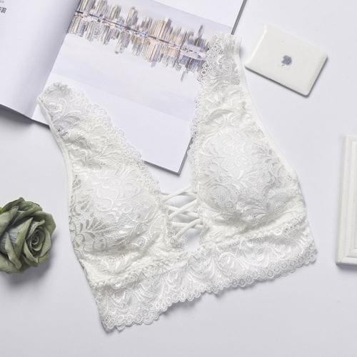 Women Push Up Padded Bralette V-Neck Bandage Lace Crocket Strappy Bustier Solid Vest Crop Top