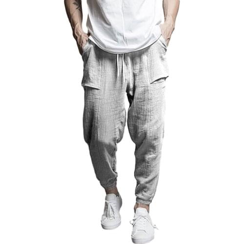 Cotton Linen Men Jogger Fashion Spring Autumn Long Pants Man Drawstring Harem Trousers with Pocket Pencil Pant 2021 Streetwear