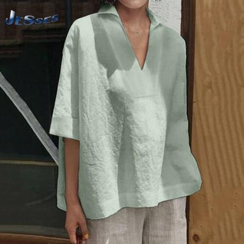 Fashion Turndown Collar Harajuku Style T-shirt Ladies V-neck Office T Shirt With Sleeves Cotton And Linen Pullover For Women 5XL