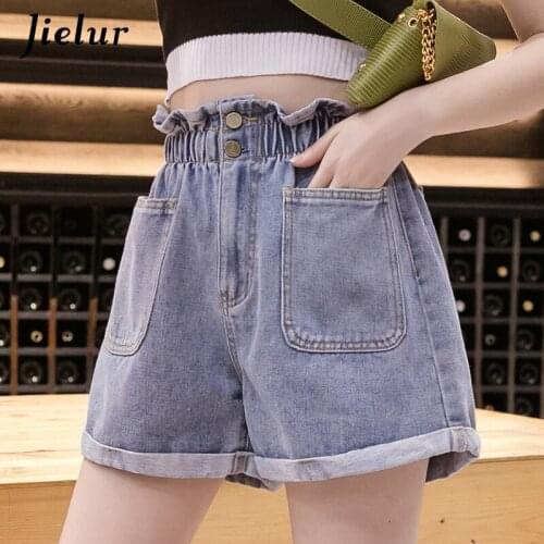 Jielur Over Size High Waist Cuffed Denim Shorts for Women Summer 2021 Loose Pockets Jeans Womens Blue Casual Button Shorts S-5XL
