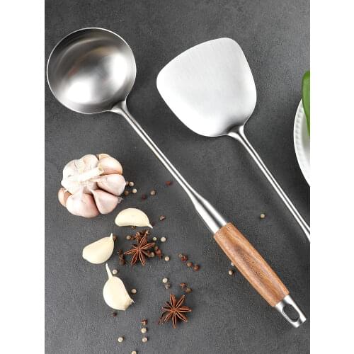 Spatula 304 Stainless Steel Spatula Wooden Handle Insulation Flat Shovel Long Handle Thickened Home Spatula