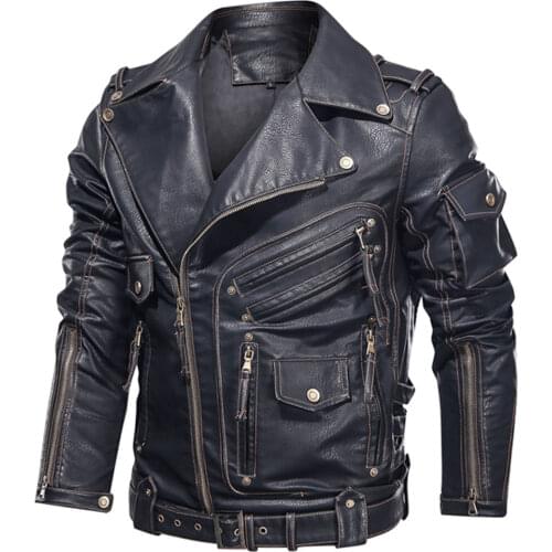 Mens Leather Jacket Men Fashion Motorcycle PU Leather Jacket Cool Zipper Pockets Leather Coats