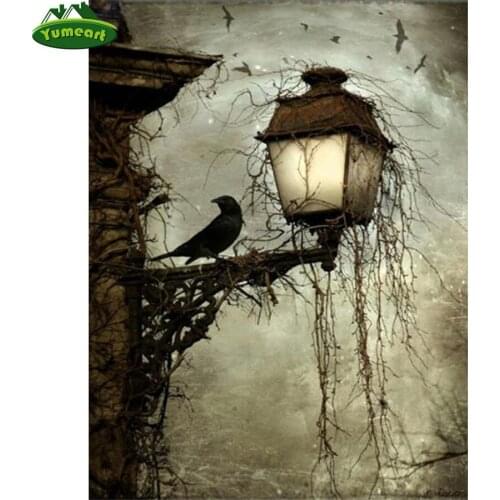 Yumeart Wall Art 5D Diamond Painting Crow Lamp Nordic Style Diamond Mosaic Black White Canvas Pictures for Living Room Bar Decor