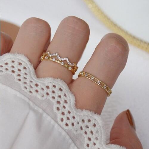 Delicate Jewelry 14K Gold Plated Adjustable Crystal Rings for Women Simple Style Wave Engagement Rings Set