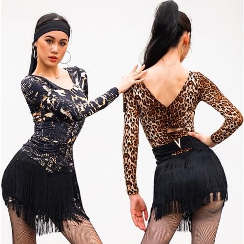 2021 New Latin Dance Tops Long Sleeves Leopard Shirts Sexy Dance Clothes Women Rumba Cha Cha Performance Practice Wear BL6986