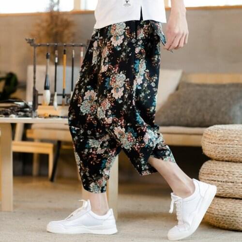 2021 Summer New Chinese Style Pants MenS Printed Wide Leg Pants Cotton Linen Casual MenS Leggings Loose Large Capris 30731