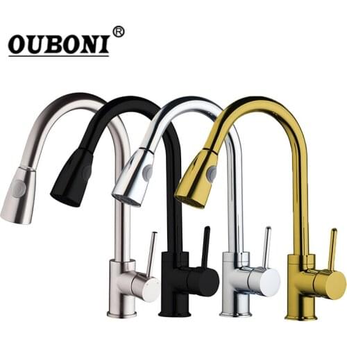 OUBONI Swivel Pull Out Kitchen Bathroom Solid Brass Black Nickel Brass Chrome Gold Faucet 1 Handle Water Sink Tap Mixer Faucet