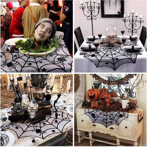 Spider Web Skull Table Cloth Cobweb Flag Curtain Valance Stove Cover Lace Decoration Durable For Halloween Party Home Decor D30