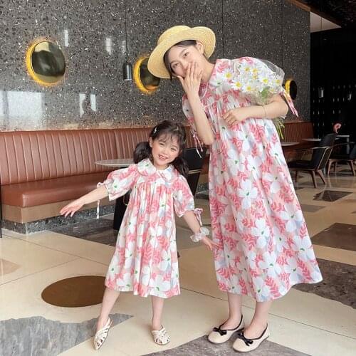 Family matching clothes mother and daughter are thin floral puff sleeve dress summer girl daughter mother floral dress suit