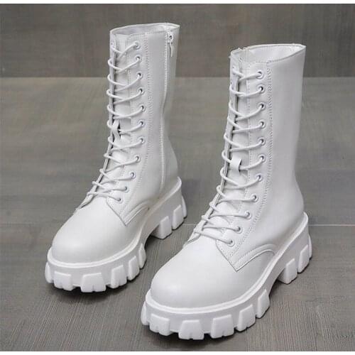 Fashion Boots Female Lace-up Chunky Heels Platform Mid-calf Womens Shoes 2021 Pu Leather Zipper Ladies Shoes Autumn Footwear