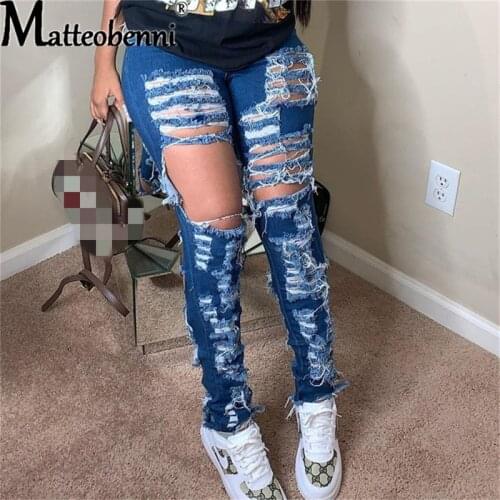 Women High Waist Casual Jeans Washed Distressed Hole Jeans High Street Ripped Stretch Skinny Sexy Denim Pants Lady Pencil Pants