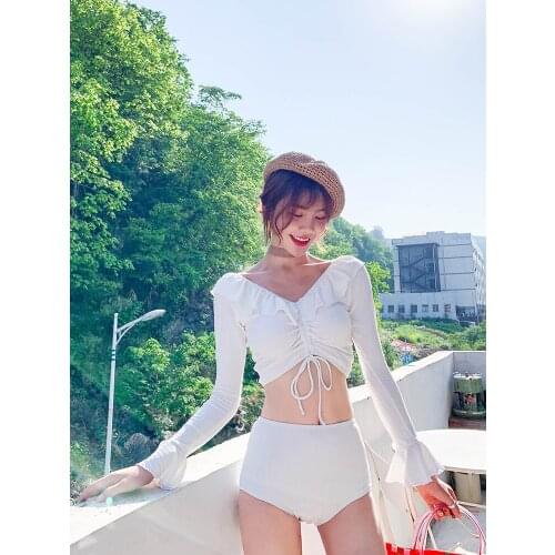 2019 New Korean Women Two Pieces Swimwear Sexy V-neck Front Tie High-waist Neckline Trim Flounce Long Sleeves Bathing Suit