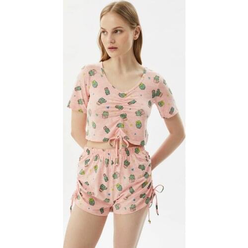 Womens Print Knitted Pajama Sets Summer Short Half Sleeve Femme Two Piece Shorts Set Casual Home Clothing Shirred Drawstring Strawberry Cactus Pattern Sleepwear 2021 New Fashion