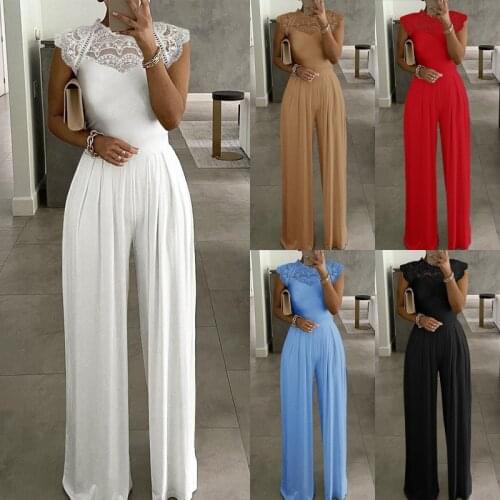 2021 Solid Sexy Women Elegant Jumpsuit Fashion Loose Flods Wide Leg Pants Lace Splice Playsuit Sleeveless Overalls Party Romper