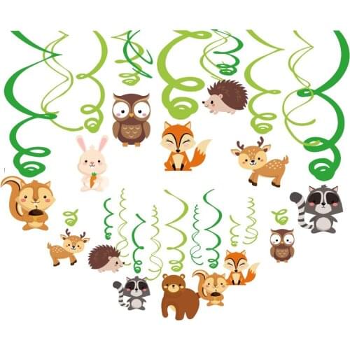 30pcs Cartoon Animal Ceiling Foil Spiral Woodland Forest Squirrel Hedgehog Rabbit Hanging Swirl Baby Shower Party Decorations
