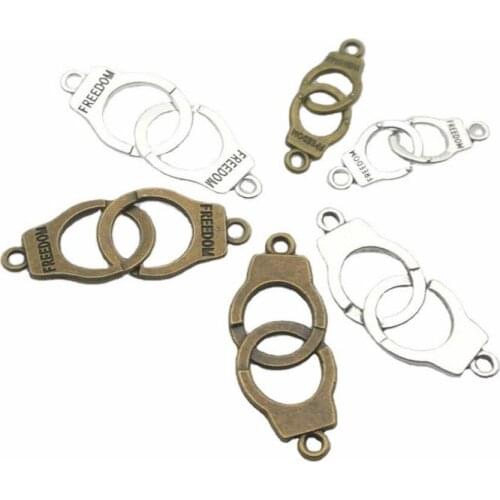 10 Sets Charms Interlocked Handcuffs Freedom Pendants Connector Bracelet Silver Bronze