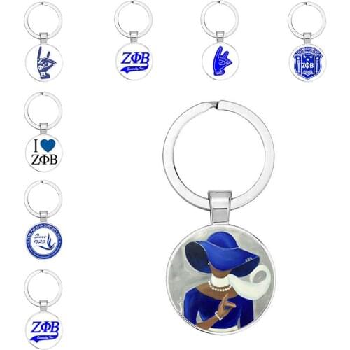 Artwork ZETA PHI BETA Keychain, ZPB Letter, Greek Nameplate, Handmade Art Painting, Round Glass Keychain Female Gift Keychain