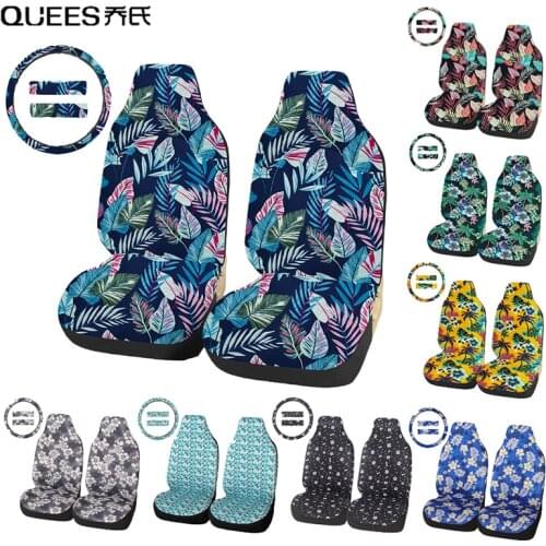 QUEES 4pcs Car Seat Cover Seat Protection Cover Fabric Printing Cushion With Steering Wheel Cover Shoulder Guard Car Accessories