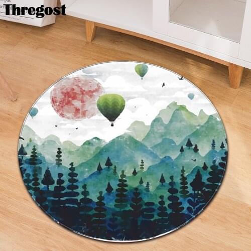 Thregost Flannel Floor Rugs Washable Traditional Chinese Scenic Printed Round Mats Bedroom Living Room Carpet Anti-Slip Play Mat