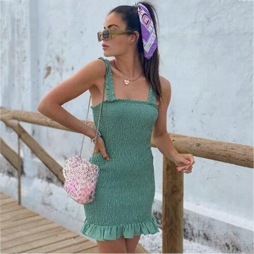 Foridol Ruffle Elastic Bodycon Mini Dress for Women 2021 Strap Sleeveless Mini Dress Party Beach Green Slim Mini Dress Summer