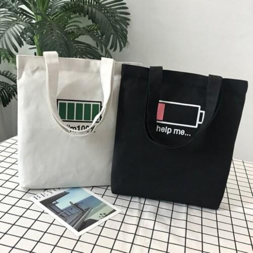Women Canvas Shopping Bags Eco Reusable Ladies Bags Funny Battery Energy Used Pattern Print Shopper Bag Portable Travel Bag