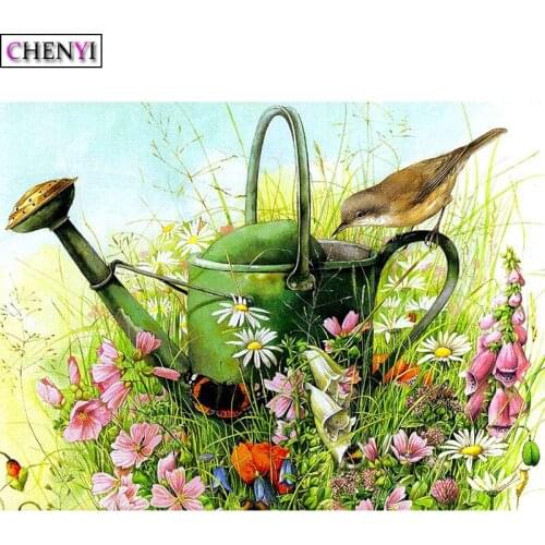 CHENYI 5D Diy Bird Diamond Painting Full Drill Flowers Diamond Embroidery Watering Can Mosaic Rhinestones Needlework Home Decor