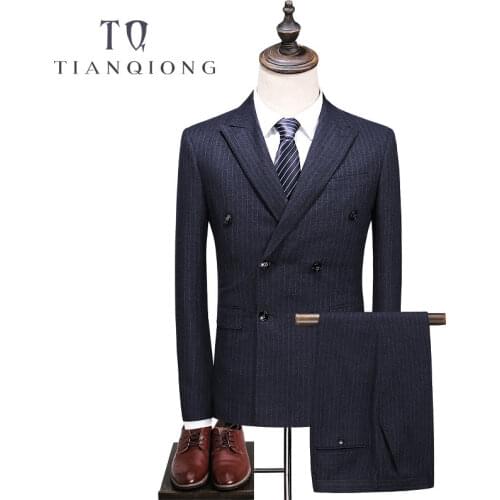 TIAN QIONG Gray Stripe Wool Suit Double-breasted Men Slim Fit Business Formal Suits for Wedding 2017 Brand Tailor Made Suits