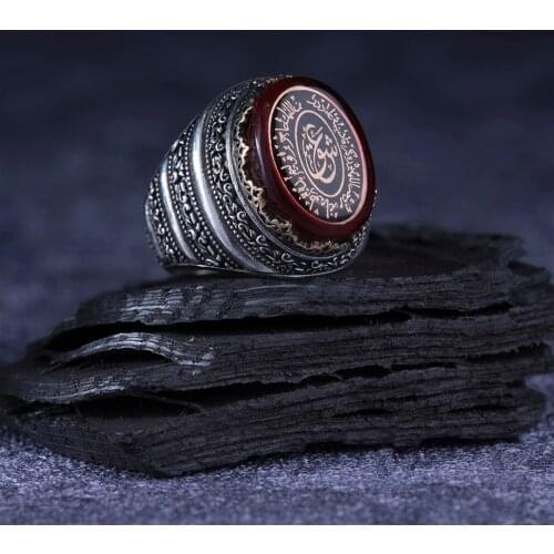 Red Zircon 925 Sterling Silver Arabic Engraved Traditional Handmade Turkish Signet Ring Jewelry Gift for Women Men