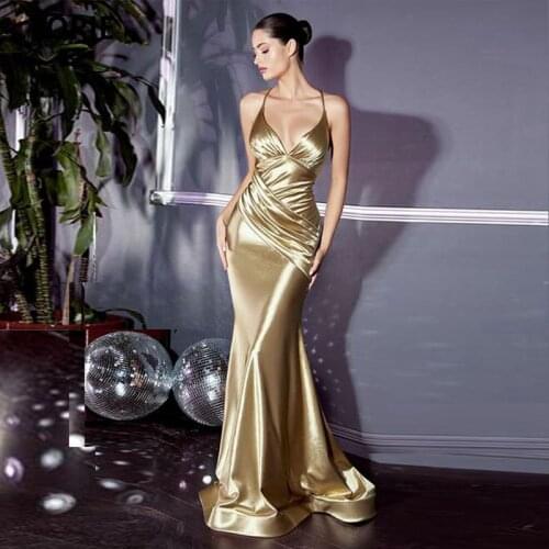 LORIE Spaghetti Strap Mermaid Porm Dresses 2021 Gold Satin Floor-Length Vestido Da Dama De Honra Backless Formal Party Gowns