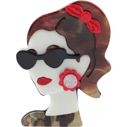 Fashion Lovely Ponytail Girl Wear Glssses Acrylic Brooch For Women Cute Cartoon Flower On Face Lapel Pins Badge Brooch Jewelry