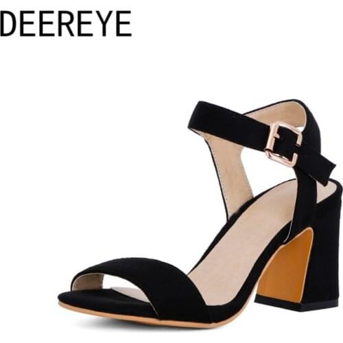 Fashion Suede Chunky High Heel Ladies Shoes And Sandals 8cm Round Toe Comfort Buckle For Women Casual Summer Footwear Size 30-48