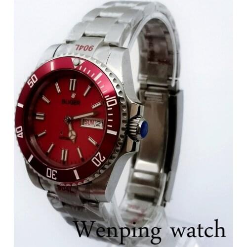 New BLIGER 40mm Mens Luxury Mechanical Sterile Watch Sapphire Glass Red Dial Bezel Date Calendar NH36A Movement Automatic