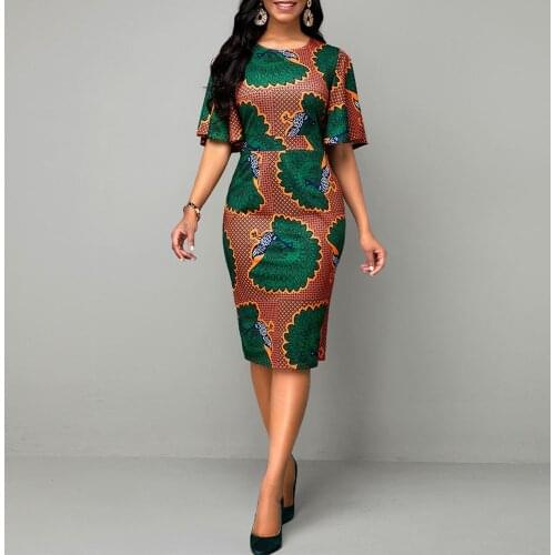 OTEN Womens Floral Print Ruffle Sleeve O-Neck Wear To Work Elegant Vintage Tunic Sheath Pencil Bodycon Party Dress Vestidos