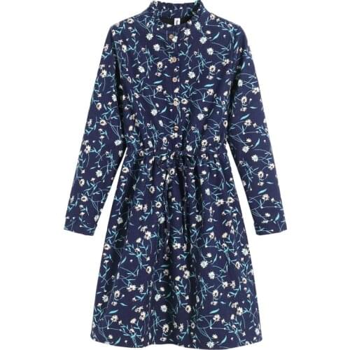 Winter long sleeve floral print dress for women fashion design ruffled cute kawaii sweet thick warm dress